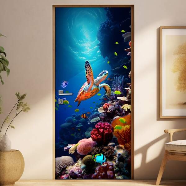 Adesivo de Porta Tartaruga Nadando em Oceano