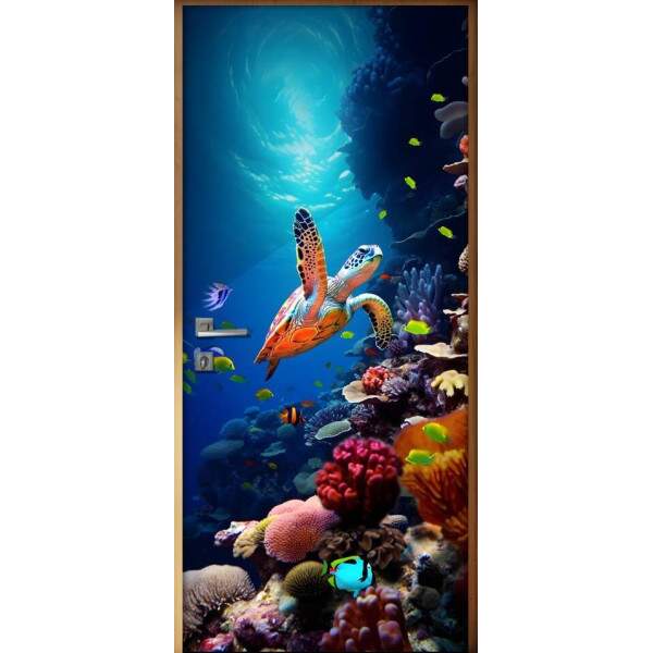 Adesivo de Porta Tartaruga Nadando em Oceano