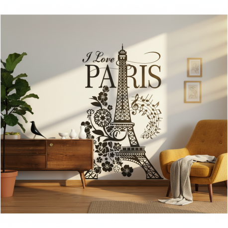 Adesivo de Parede Silhueta Torre Eiffel e Rosas