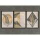 Kit 3 Quadros Decorativos Abstrato Bege com Folhagem Preta e Dourada