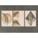 Kit 3 Quadros Decorativos Abstrato Bege com Folhagem Preta e Dourada