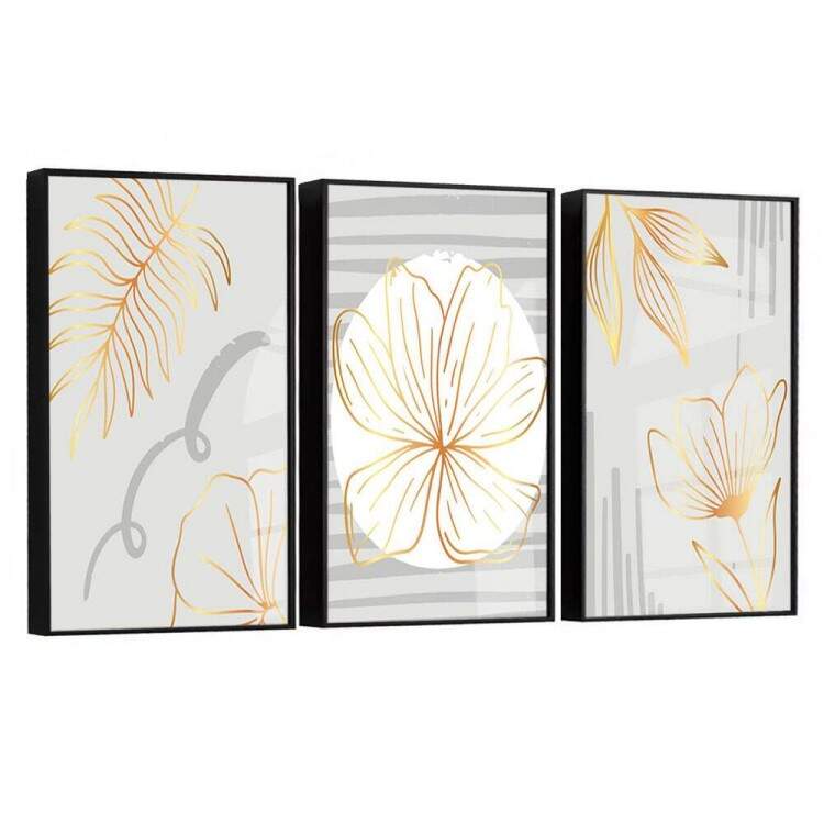 Kit 3 Quadros Decorativos Abstrato Cinza Claro com Folhagens Douradas
