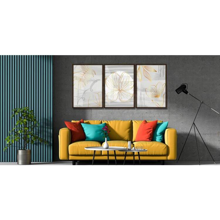 Kit 3 Quadros Decorativos Abstrato Cinza Claro com Folhagens Douradas