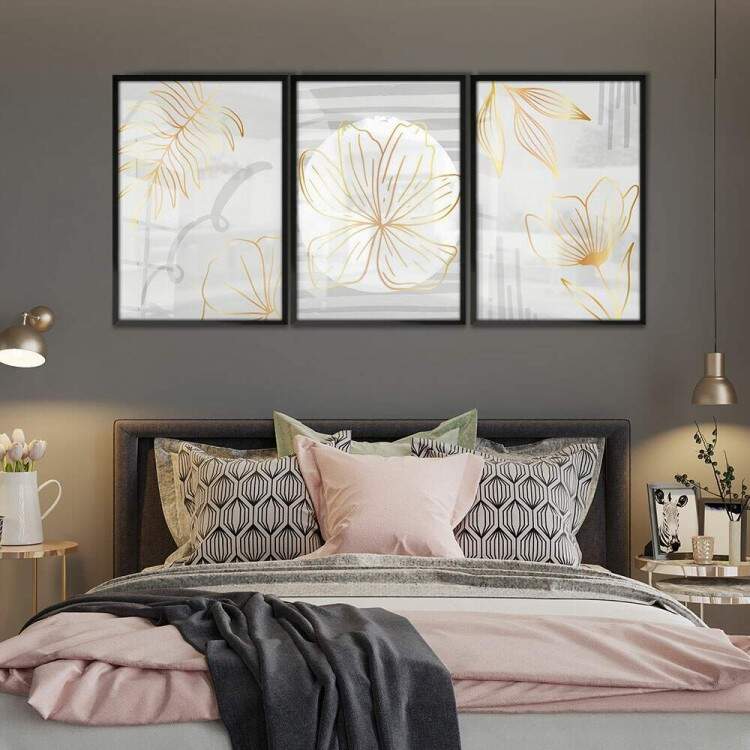 Kit 3 Quadros Decorativos Abstrato Cinza Claro com Folhagens Douradas