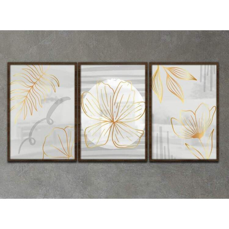 Kit 3 Quadros Decorativos Abstrato Cinza Claro com Folhagens Douradas