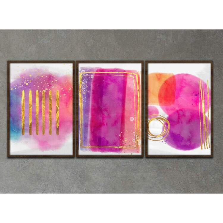 Kit 3 Quadros Decorativos Abstrato Coleo Aquarela Rosa