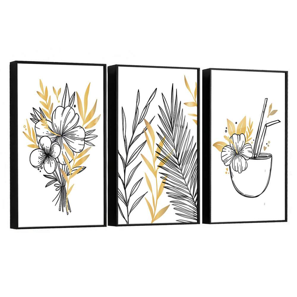 Kit 3 Quadros Decorativos Abstrato Folhagem Preta