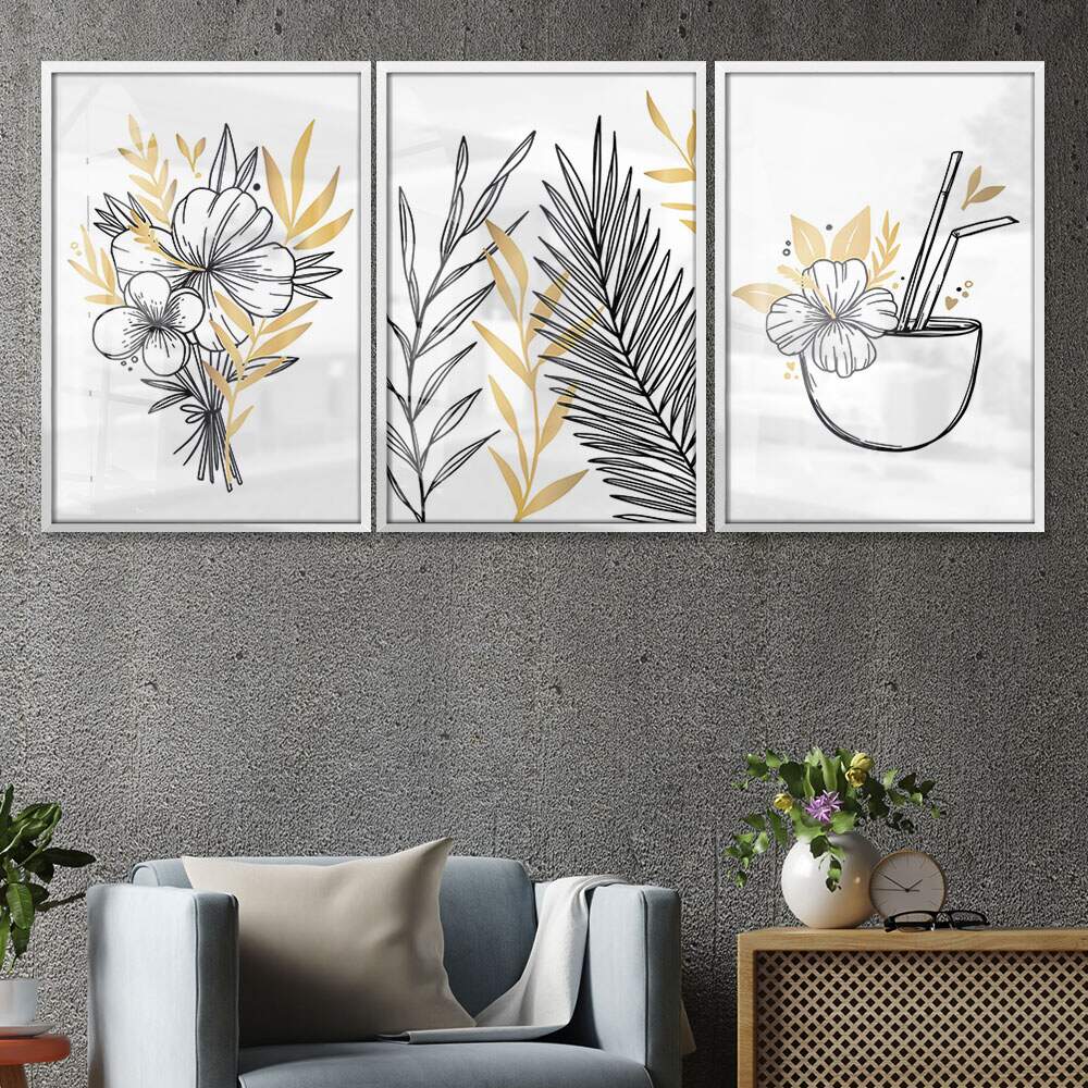 Kit 3 Quadros Decorativos Abstrato Folhagem Preta
