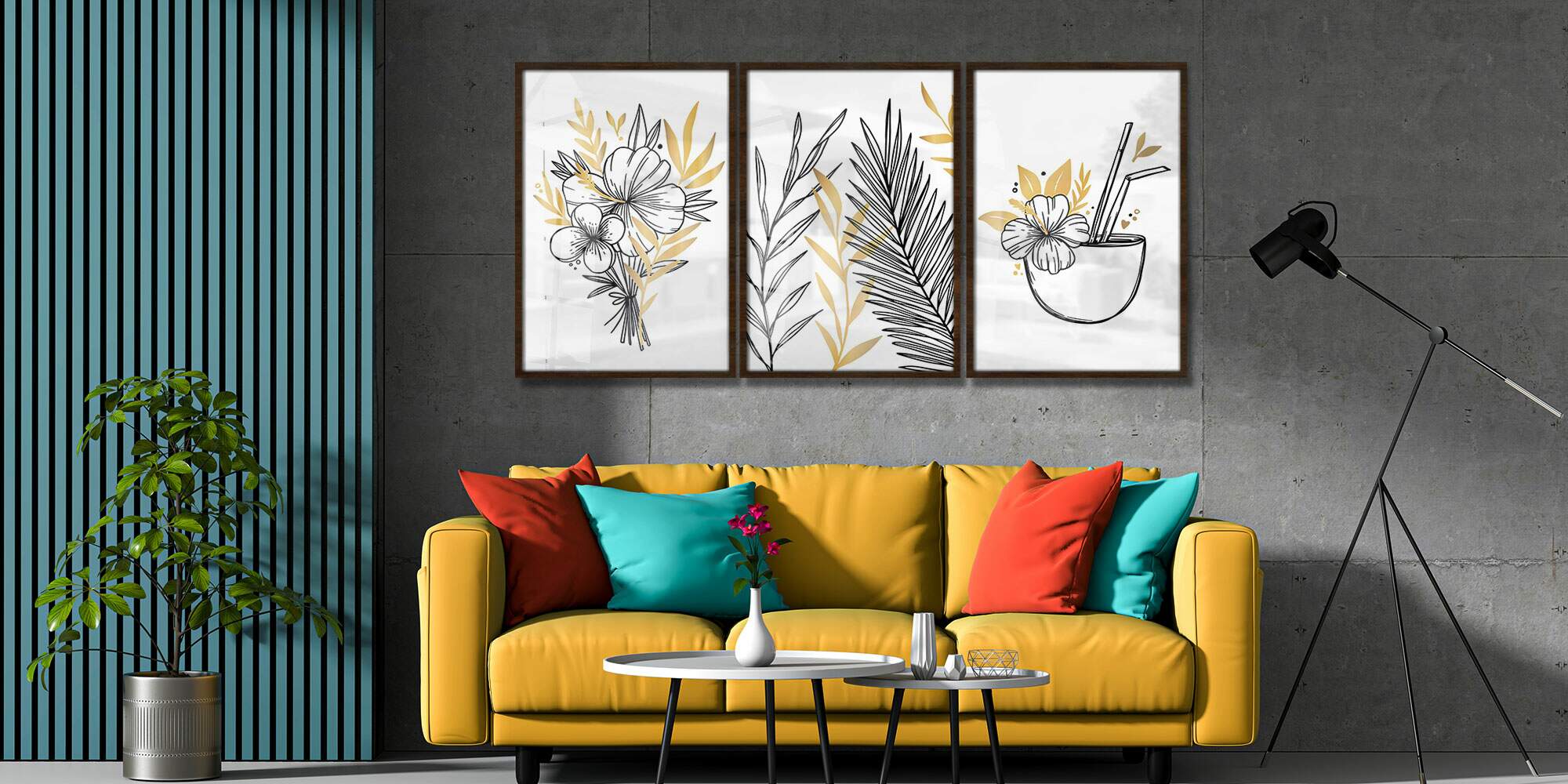 Kit 3 Quadros Decorativos Abstrato Folhagem Preta