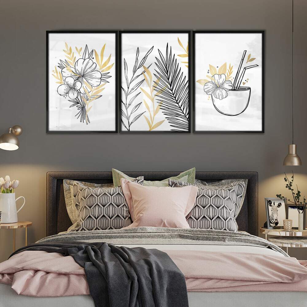 Kit 3 Quadros Decorativos Abstrato Folhagem Preta