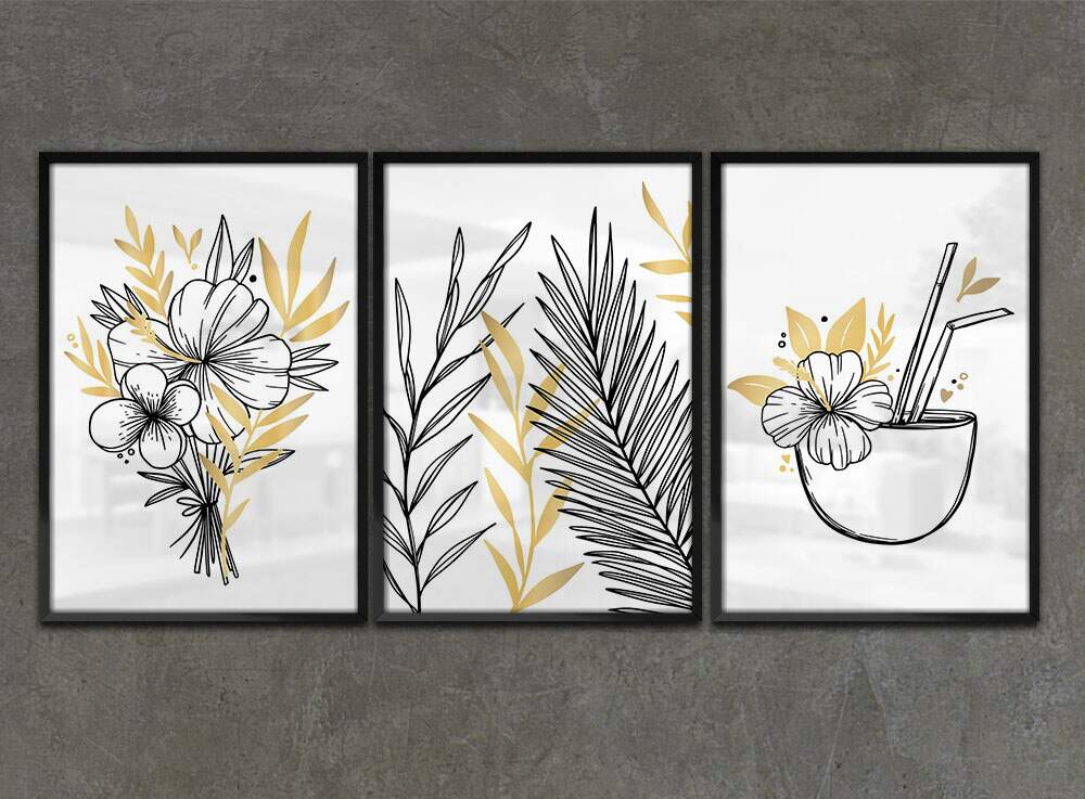 Kit 3 Quadros Decorativos Abstrato Folhagem Preta