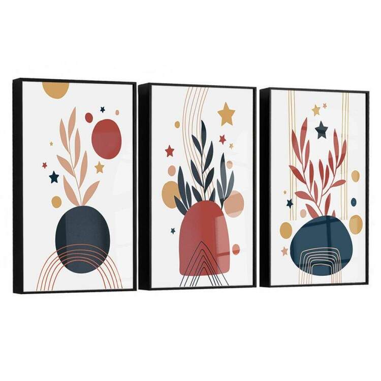 Kit 3 Quadros Decorativos Abstrato Folhagem Azul e Vermelha