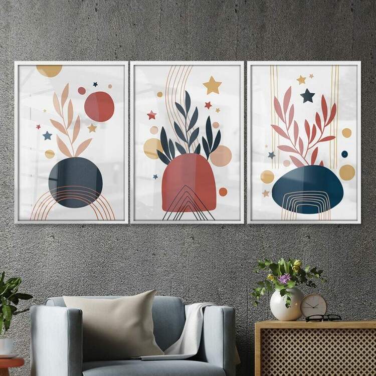 Kit 3 Quadros Decorativos Abstrato Folhagem Azul e Vermelha