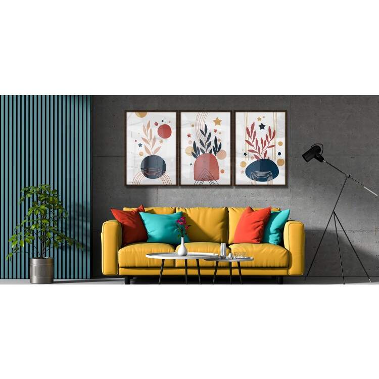 Kit 3 Quadros Decorativos Abstrato Folhagem Azul e Vermelha