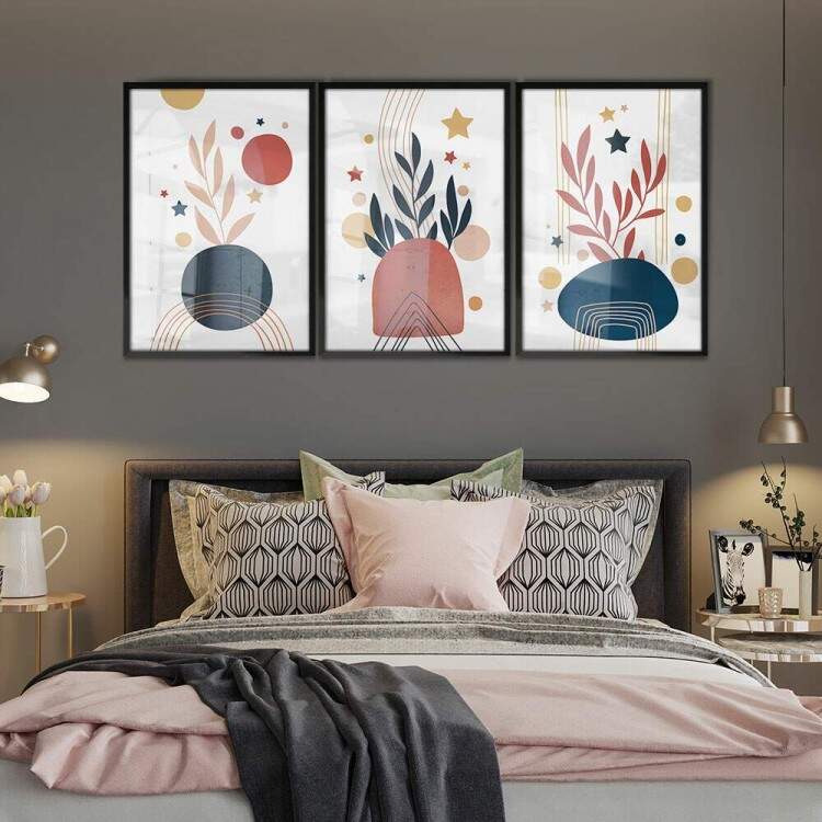 Kit 3 Quadros Decorativos Abstrato Folhagem Azul e Vermelha