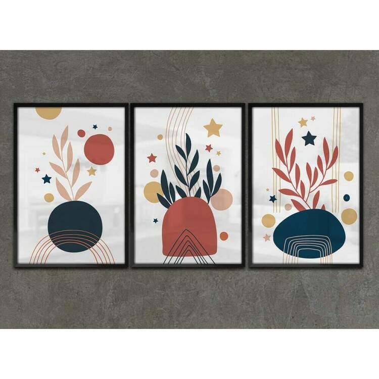 Kit 3 Quadros Decorativos Abstrato Folhagem Azul e Vermelha