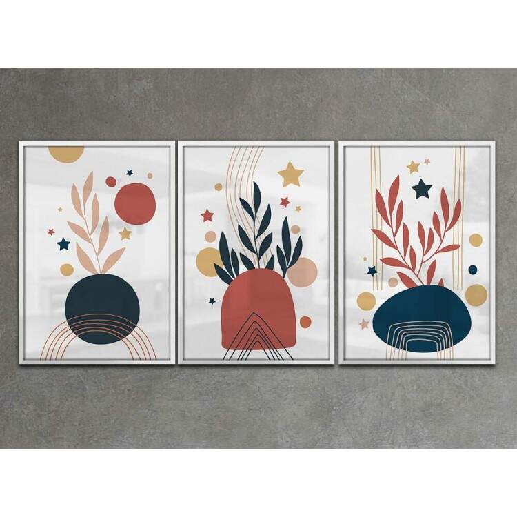 Kit 3 Quadros Decorativos Abstrato Folhagem Azul e Vermelha