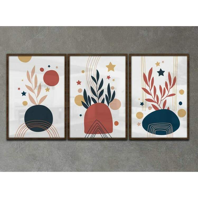 Kit 3 Quadros Decorativos Abstrato Folhagem Azul e Vermelha