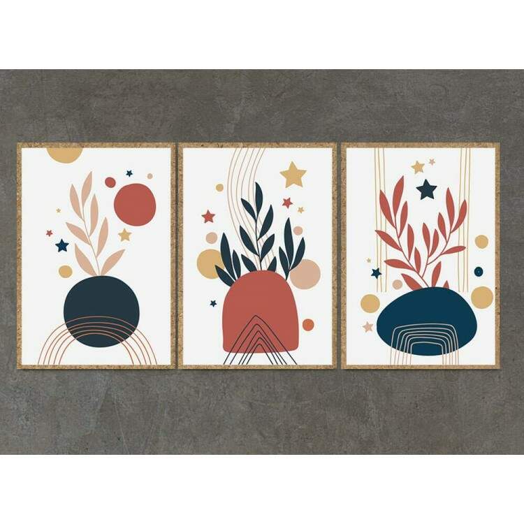 Kit 3 Quadros Decorativos Abstrato Folhagem Azul e Vermelha