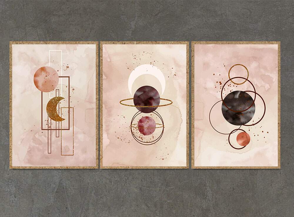 Kit 3 Quadros Decorativos Abstrato Lua Rose com Aquarela