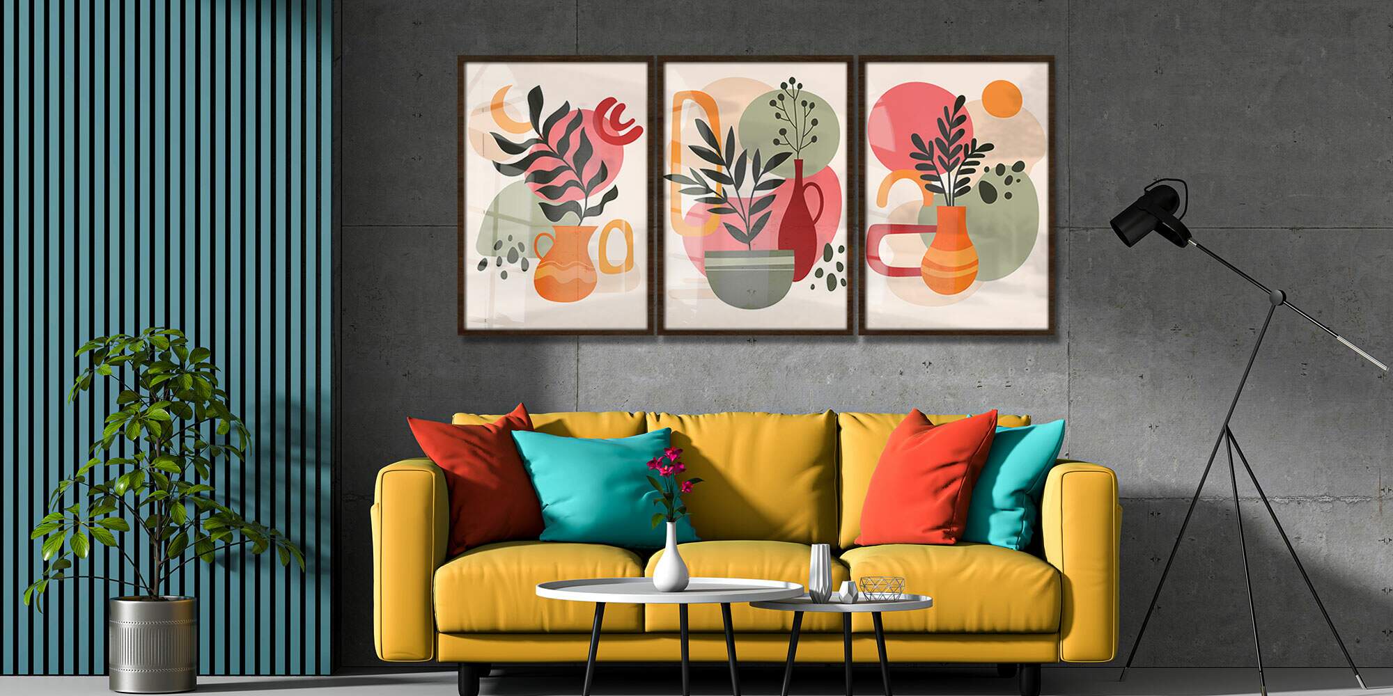 Kit 3 Quadros Decorativos Abstrato Floral com Detalhes Coloridos