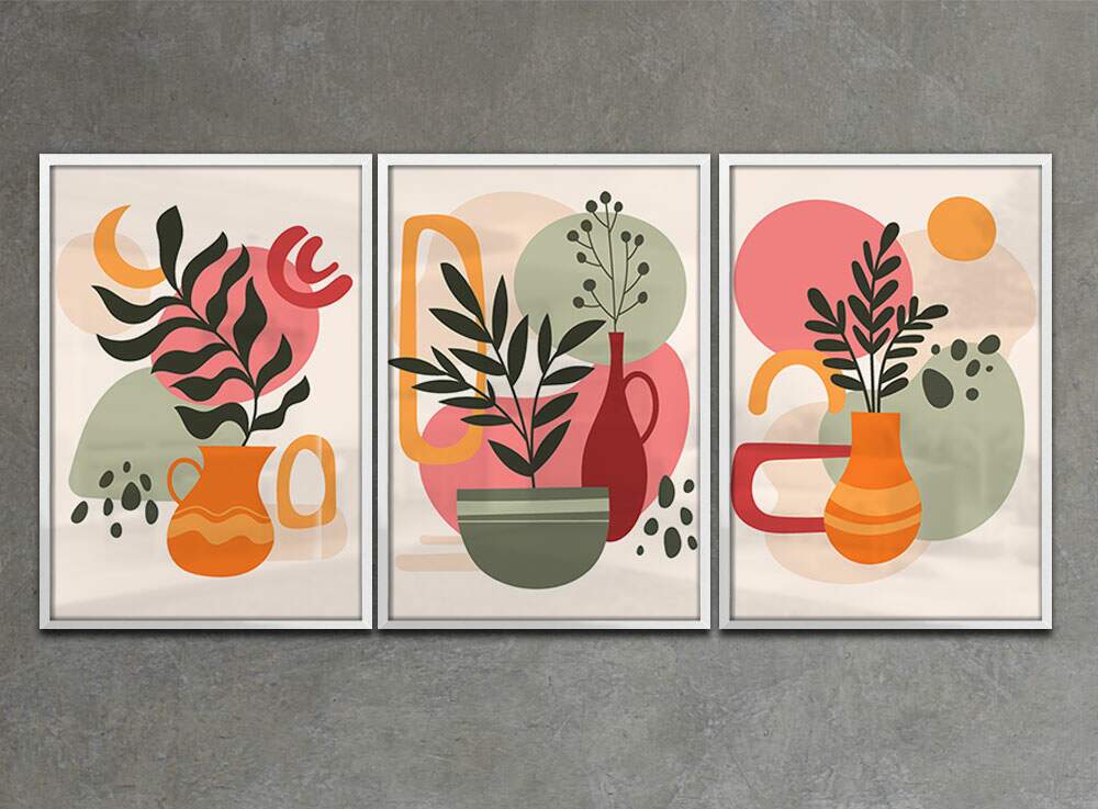 Kit 3 Quadros Decorativos Abstrato Floral com Detalhes Coloridos