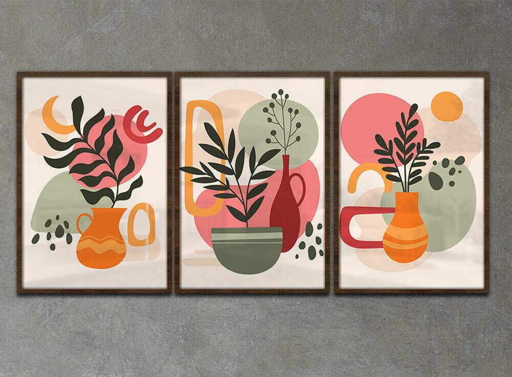 Kit 3 Quadros Decorativos Abstrato Floral com Detalhes Coloridos