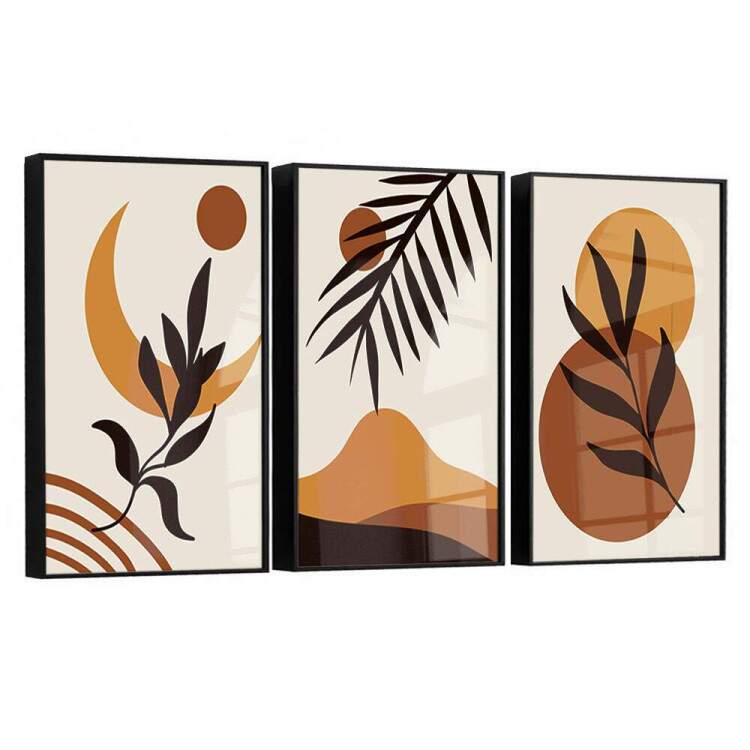 Kit 3 Quadros Decorativos Abstrato Marrom Floral com Lua e Montanha