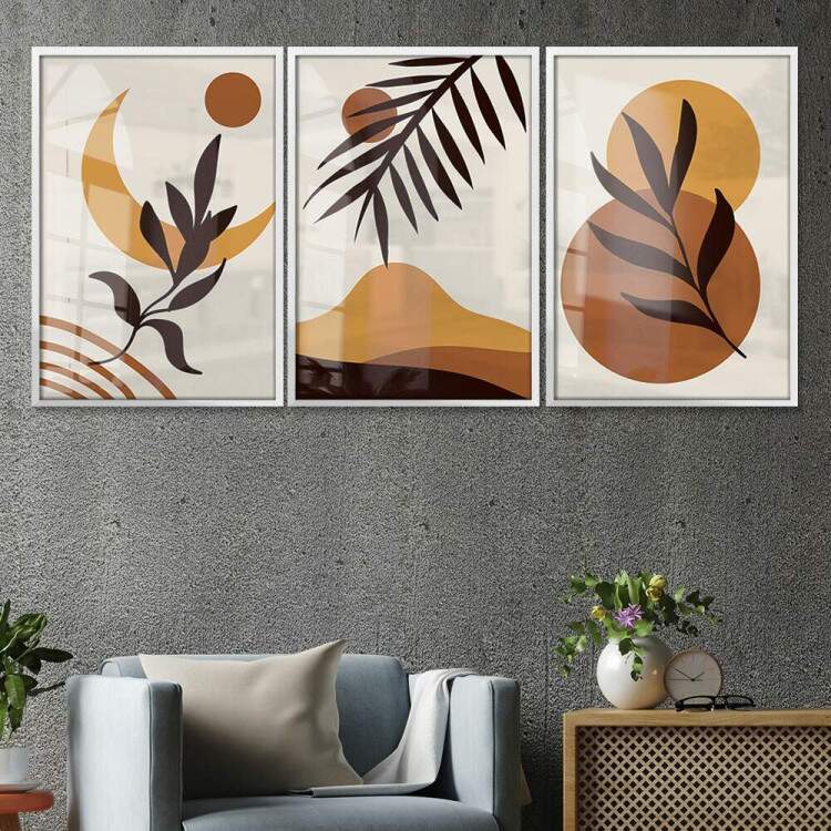 Kit 3 Quadros Decorativos Abstrato Marrom Floral com Lua e Montanha