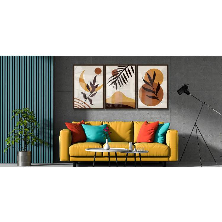 Kit 3 Quadros Decorativos Abstrato Marrom Floral com Lua e Montanha
