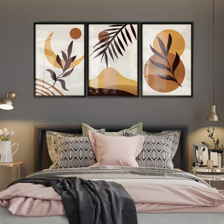 Kit 3 Quadros Decorativos Abstrato Marrom Floral com Lua e Montanha