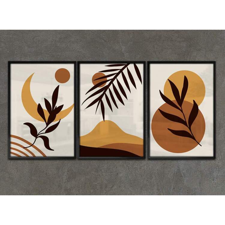 Kit 3 Quadros Decorativos Abstrato Marrom Floral com Lua e Montanha