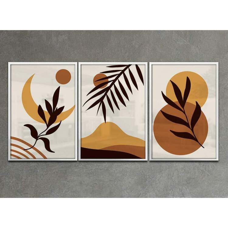 Kit 3 Quadros Decorativos Abstrato Marrom Floral com Lua e Montanha