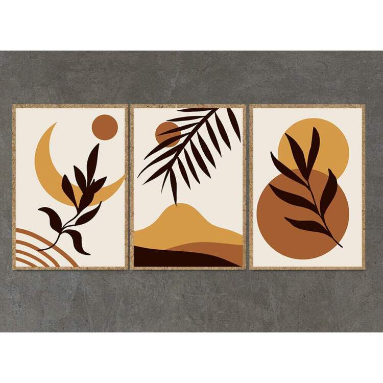 Kit 3 Quadros Decorativos Abstrato Marrom Floral com Lua e Montanha