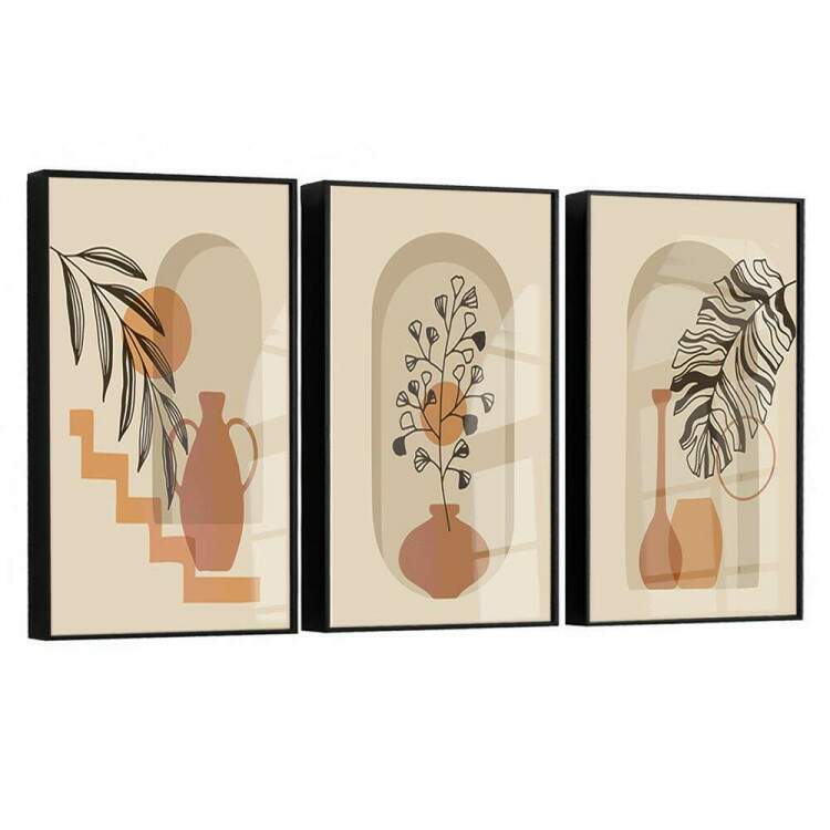 Kit 3 Quadros Decorativos Abstrato Bege Floral Boho