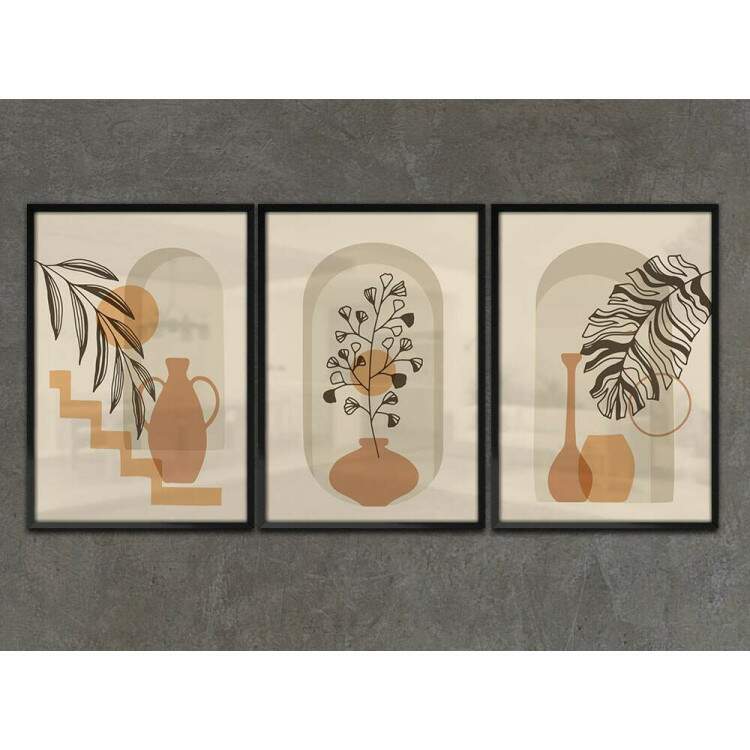 Kit 3 Quadros Decorativos Abstrato Bege Floral Boho