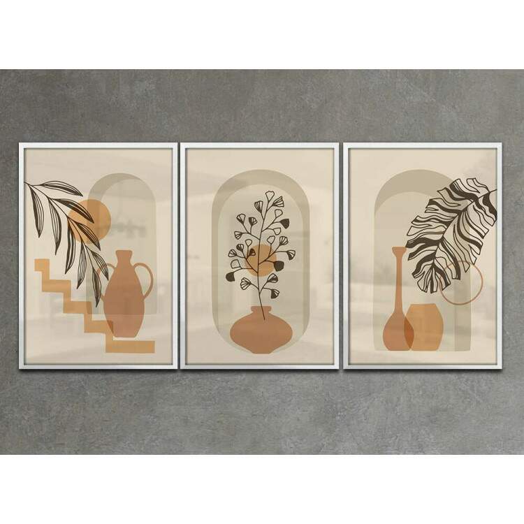 Kit 3 Quadros Decorativos Abstrato Bege Floral Boho