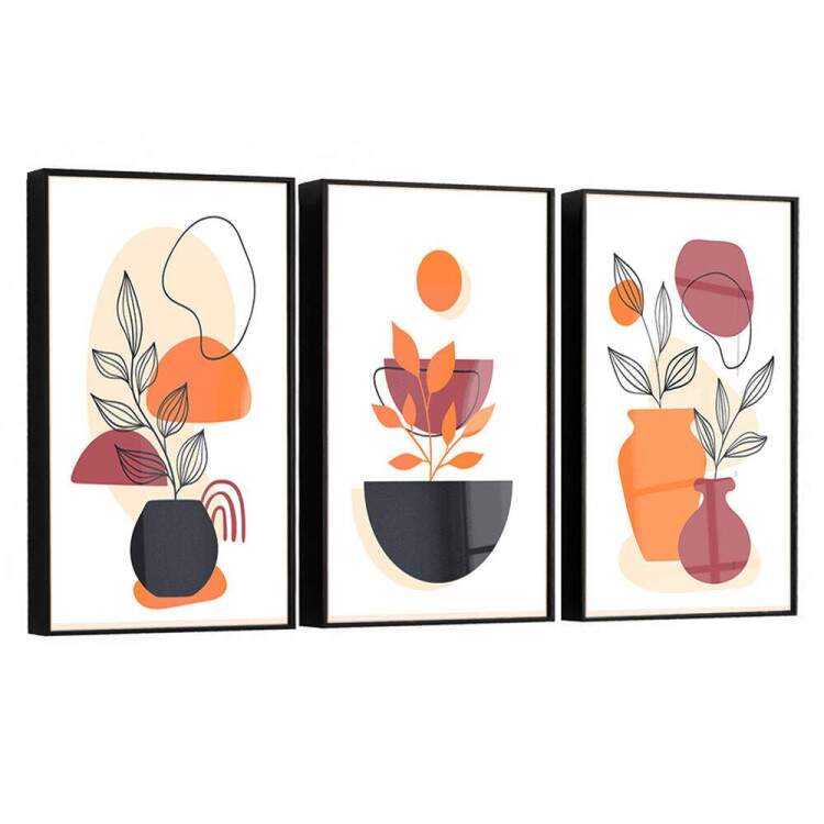 Kit 3 Quadros Decorativos Abstrato Boho Laranja