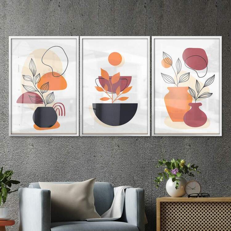 Kit 3 Quadros Decorativos Abstrato Boho Laranja