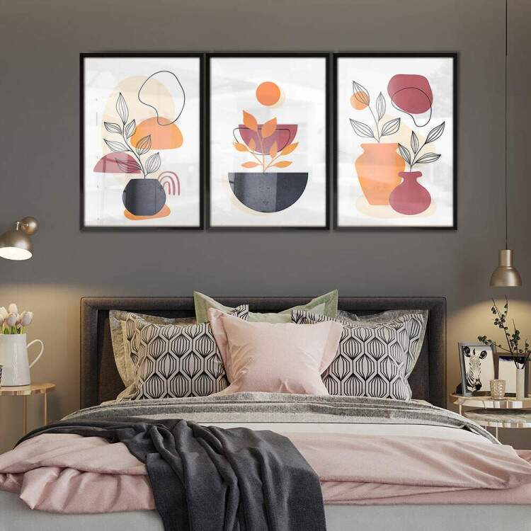 Kit 3 Quadros Decorativos Abstrato Boho Laranja