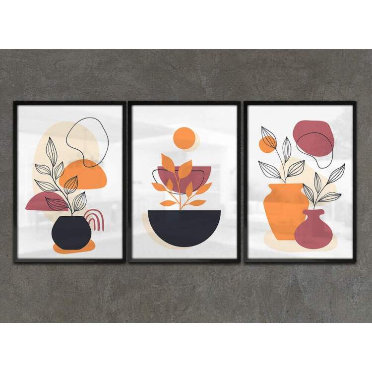 Kit 3 Quadros Decorativos Abstrato Boho Laranja