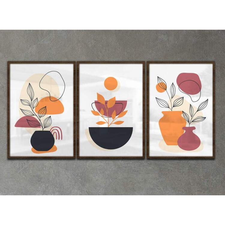 Kit 3 Quadros Decorativos Abstrato Boho Laranja