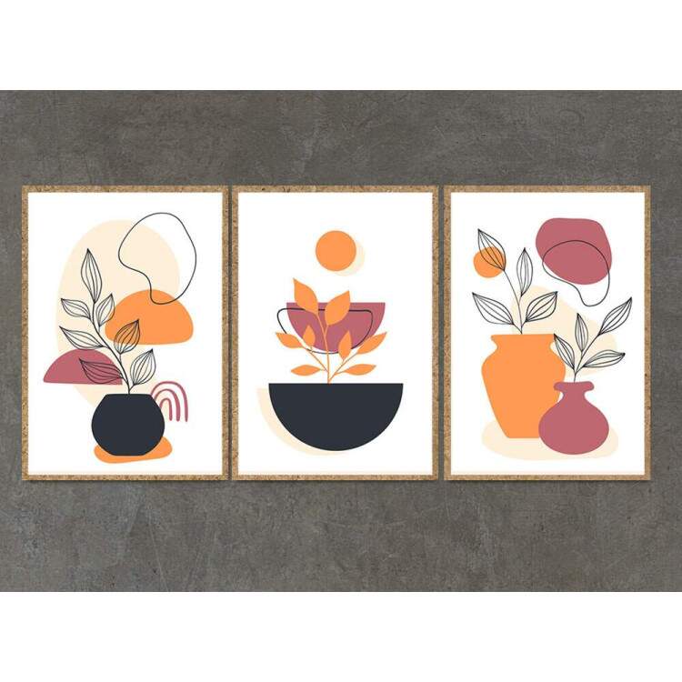 Kit 3 Quadros Decorativos Abstrato Boho Laranja