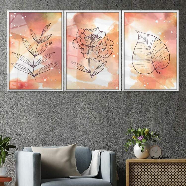 Kit 3 Quadros Decorativos Abstrato Estilo Aquarela Laranja