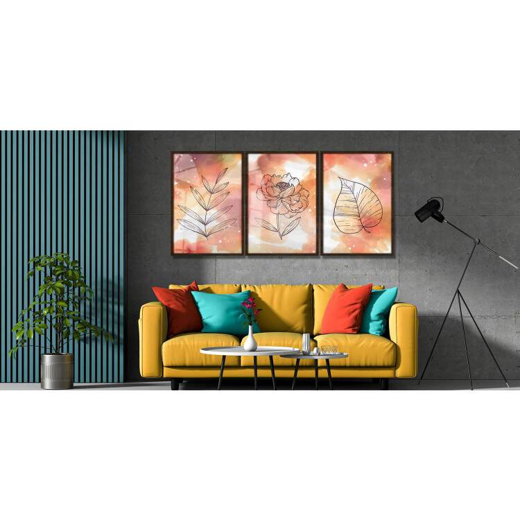 Kit 3 Quadros Decorativos Abstrato Estilo Aquarela Laranja