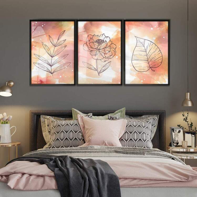 Kit 3 Quadros Decorativos Abstrato Estilo Aquarela Laranja