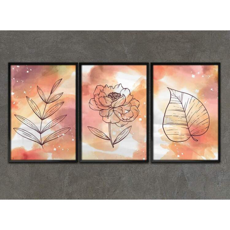 Kit 3 Quadros Decorativos Abstrato Estilo Aquarela Laranja
