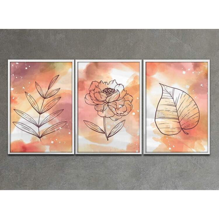 Kit 3 Quadros Decorativos Abstrato Estilo Aquarela Laranja