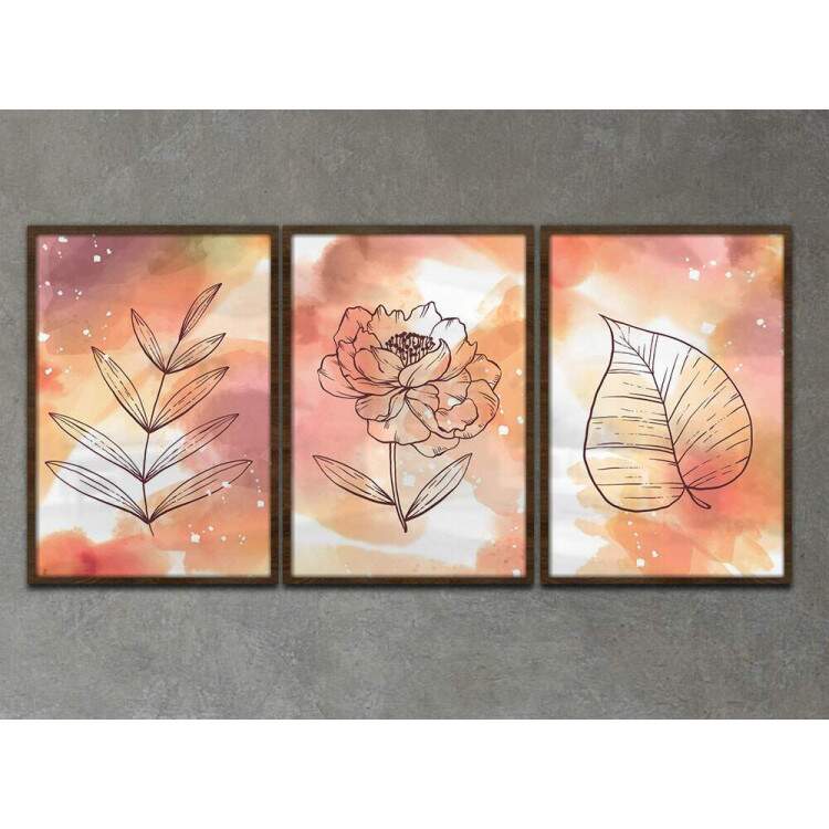 Kit 3 Quadros Decorativos Abstrato Estilo Aquarela Laranja