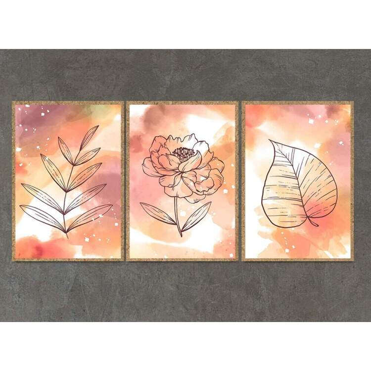 Kit 3 Quadros Decorativos Abstrato Estilo Aquarela Laranja
